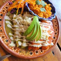 Enchiladad filled with chickpea breaded "meat" at Plantivoros in Playa Del Carmen