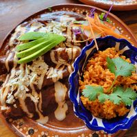 Enmoladas filled with chickpea breaded "meat" at Plantivoros in Playa Del Carmen