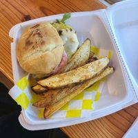 Oat burger and potato wedges at Taste & See in Milledgeville