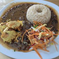 Black beans, croquettes, salad, rice at Good Karma in Lima