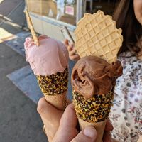 Vegan icecream cones. Raspberry lemonade and chocolate. at The Local Scoop in Dawlish
