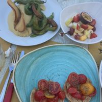 Fava bean dip, Mercadona fruits, frizzelle with tomatos   at Borgo Antico Bistrot in Ostuni