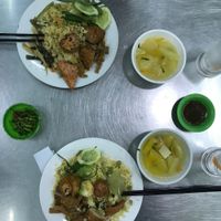 Plate with rice, mock meat, vegtables and a soup, very tasty! at Au Lac in Tuy Hoa
