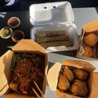 Chow mein, spring rolls, potstickers and samosas.  at Potstickers & Curry in Campbell River