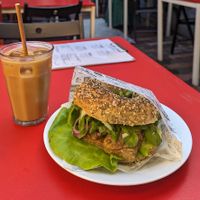 Iced latte and Ave seitan bagel 🥯 at Bajgle Króla Jana in Poznan