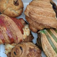 Fresh vegan pastries: croissants, pain au chocolat, and muffin (before covid) at The Sunny Spoon in North London