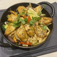 Pan fried vegetables wok with plant-based chicken  at La Cafetière Fêlée in Antibes