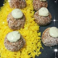 Eggplant meatballs with golden basmati rice at Garum Bistro in Santiago De Compostela