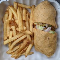 Thai peanut wrap with fries at Venti's Cafe in Salem