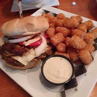 Screaming rooster burger with vegan lentil patty  at Venti's Cafe in Salem