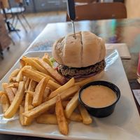 Lentil burger and fries at Venti's Cafe in Salem