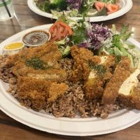 Katsu plate with half tofu/half tempeh - we liked the tofu better   at Peace Cafe in Honolulu