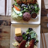 BBQ tempeh plate and Katsu plate made with tempeh option.  at Peace Cafe in Honolulu