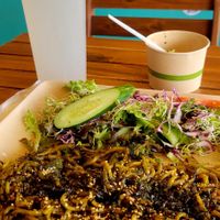 Spicy Yakasoba and soup of the day Garlic Tomato! at Peace Cafe in Honolulu