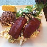 BBQ tempura with rice & cornbread- super yummy! at Peace Cafe in Honolulu