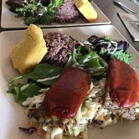 BBQ tempeh plate with homemade cornbread  at Peace Cafe in Honolulu
