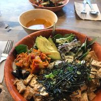 Poke bowl close, miso soup (yum!) and Hanoi sandwich (half, big!) at Peace Cafe in Honolulu