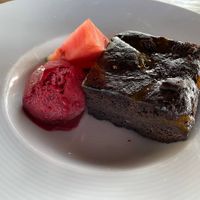 Orange brownie with cassis sorbet and watermelon at Downtown in Dordrecht