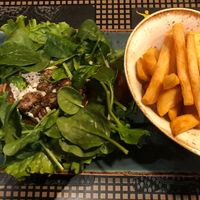vegan burger “Trüffelfee” without bun, with side of fries   at Peter Pane in Stuttgart