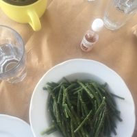 Green beans come with separate vinegar to adjust to taste at Kounaria in Tinos