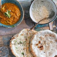 Aubergine sauce, rice and Indian bread  at Cinnamon in Sitges