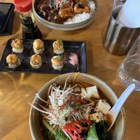 Teriyaki tofu curry (top), tofu sushi balls and spicy miso ramen with tofu  #Veganuary at Jizo Japanese Cafe & Bar in Dunedin