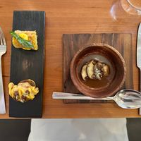 a trio of starters – mushroom soup, cauliflower and a potato croquette at Kota Restaurant in Porthleven