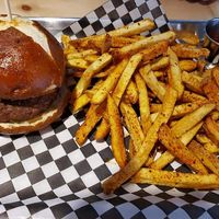 MEXHICO Stuffed Burger and Fries.  at Mexhico Restaurant in Barrie