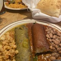 Stuffed spinach enchiladas and sopapilla  at La Choza Restaurant in Santa Fe