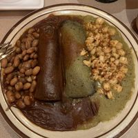 Spinach enchiladas Christmas style without cheesee  at La Choza Restaurant in Santa Fe