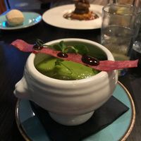 Pea soup with ‘bacon’ strip and chutney  at MUSE Brasserie in Cheltenham