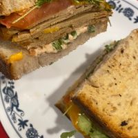 Chipotle cheddar melt (turkey, cheddar, red onions, jalapeños, tomato, spinach, and chipotle mayo on sourdough) minus the red onions and jalapeños this time at Vida's Plant Based Butcher in Columbus