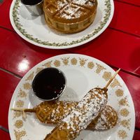 Blueberry stuffed waffle (top) and breakfast sausage waffle corn dogs (bottom) at Vida's Plant Based Butcher in Columbus