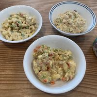 Macaroni salad (top left), chickpea salad (top right), and potato salad (bottom) at Vida's Plant Based Butcher in Columbus