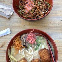 Vegan chicken udon dish & vegan miso ramen (with udon noodles).  at YUZU Street Food in York