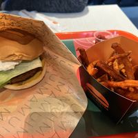 Vegan burger with sweet potato fries  at Umami Burger - Grandberry Park in Tokyo