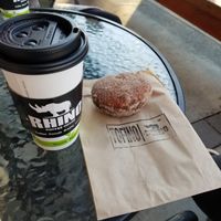 Donut and coffee at Rhino Coffee House in Tofino