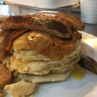 Pancakes with fakon and syrup (plus extra sausages!) at Baobab in Banff