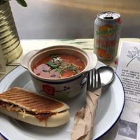 Tomato and basil soup with panini at Baobab in Banff