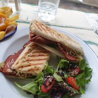Pastrami, cheeze and gherkin panini at Baobab in Banff