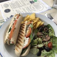 Vegan Mozzarella, pesto, tomato and spinach panini  at Baobab in Banff