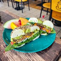 Veggie Bagel on an Everything Bagel with Plant-Based Sausage and Plant-Based Cheese at The Point Coffee Shop & Bakery in Rehoboth Beach