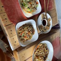 Gyoza, Lemongrass “chicken”, Mala noodles and Papaya salad  at Veggie Lover Cafe in Vientiane