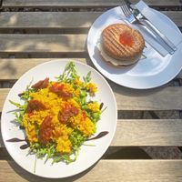 Couscous, Rockett, Sun-dried tomato Salad & Spinach, Vegan halloumi, Chilli jam bagel at Time2Chill in North London