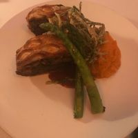 “Beef” Wellington with sweet potatoes asparagus and green beans.  at Kres Chophouse in Orlando