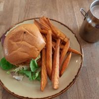 Vegan burger with sweet potato fries at Wakey Wakey in South East London