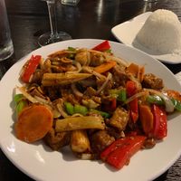 Cashew Nuts with Tofu and Jasmine Rice (made vegan to order) at Lemongrass Asian Fusion in Wausau