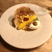 Old Corn, New Corn (pattern detailed onto corn meal)  at Charred Kitchen & Bar in Orange