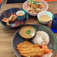 Katsu don, RFC burger and left over of karage chicken in the middle at Future Izakaya in Collingwood