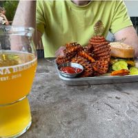 Vegan burger and sweet potato waffle fries at Sedona Beer Company in Sedona